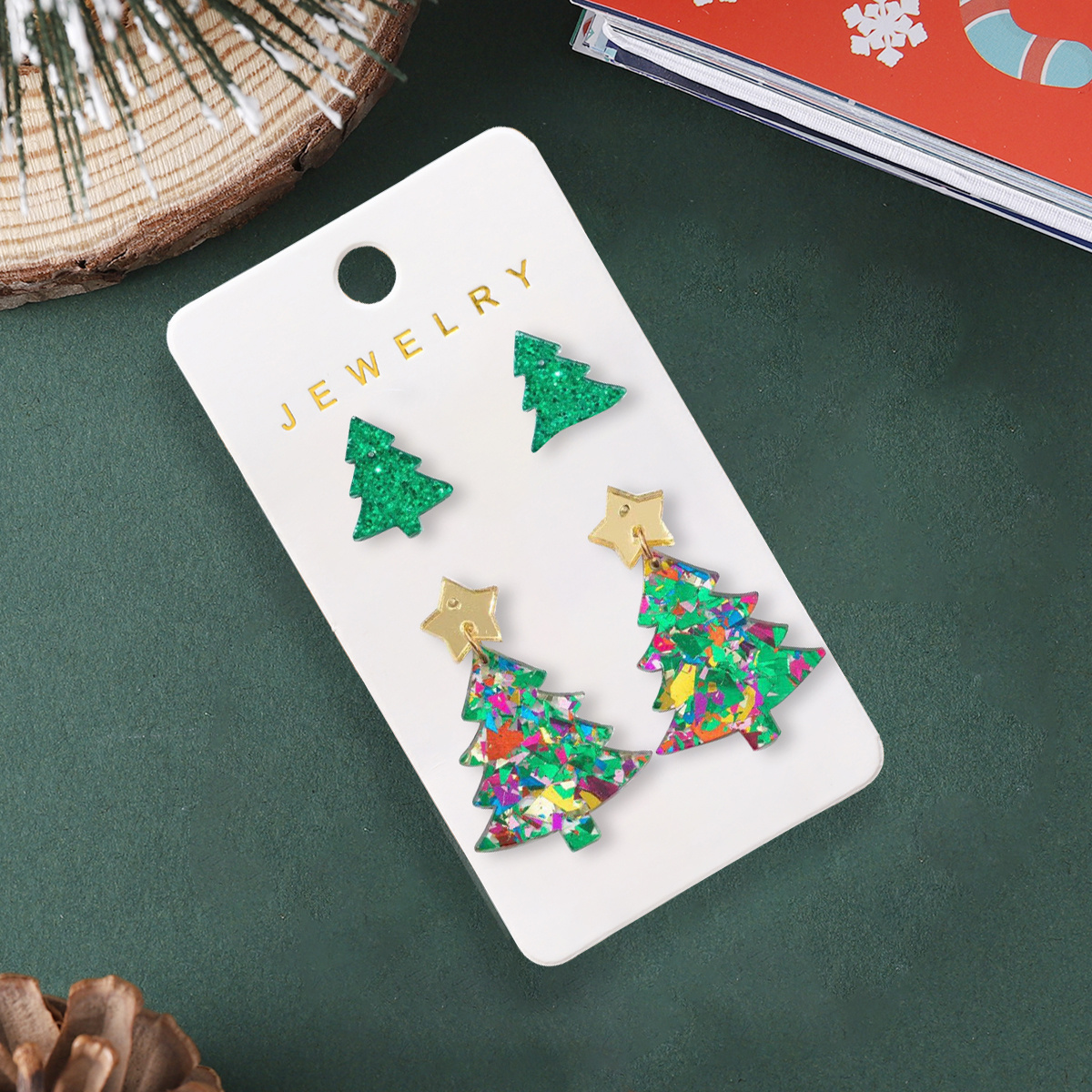 2 Pairs Christmas Colorful Sequin Tree Earrings
